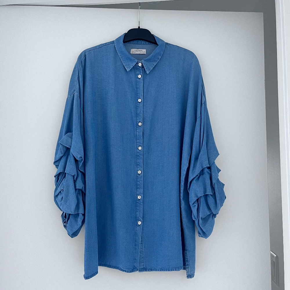 Zara Woman Premium Denim Collection Shirt w/ Ruffle Sleeve, 100% Lyocell, Size L
